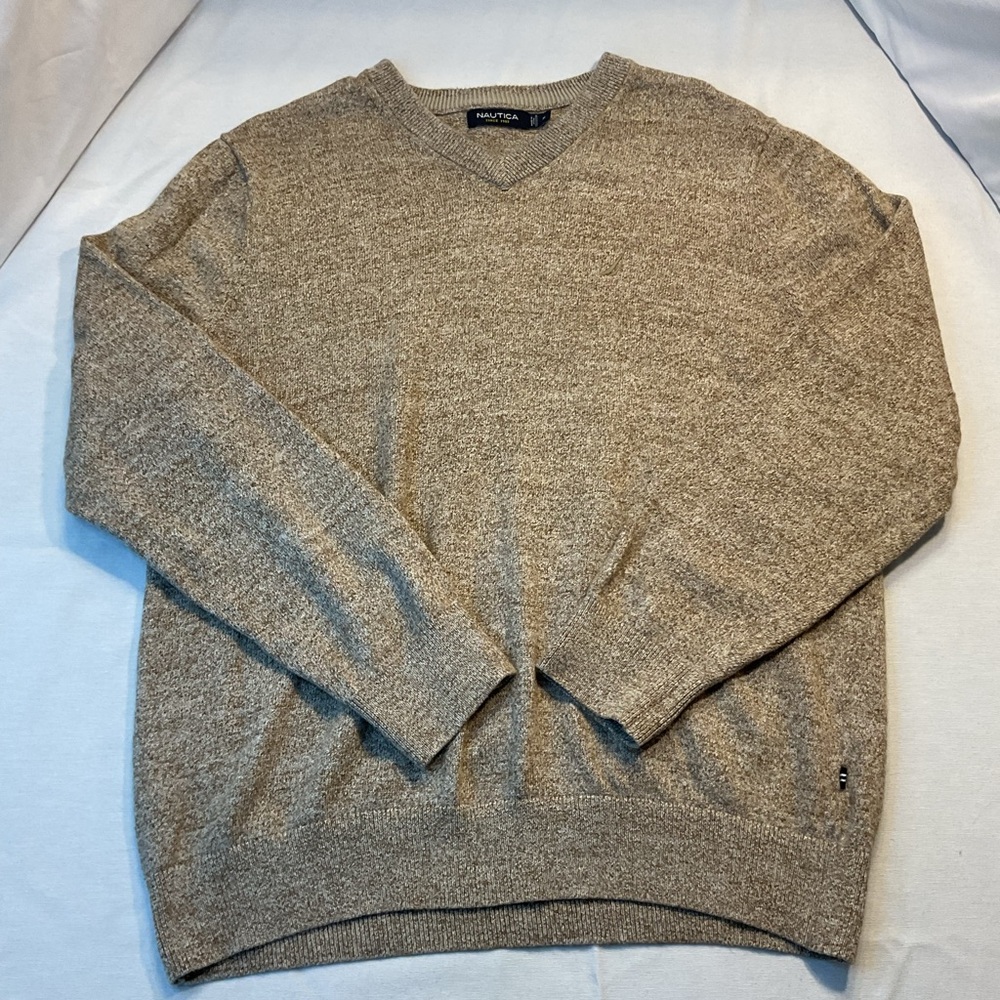 Nautica‎ Men's Tan Pullover V-Neck Classic Knit Sweater, Cotton, Size Medium